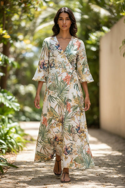 Maxi Wrap Floral Print Sundress with Kimono Sleeves white floral