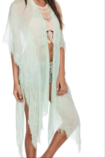 Metallic Border Solid Mint Green Kimono Croverup