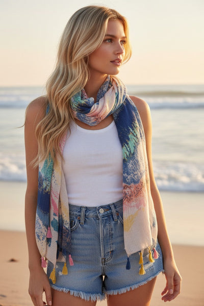 Mystic Sunrise Multi-Color Print Coverup Sarong Scarf, spun scarves, pool to party sarongs, subtle luxury scarf