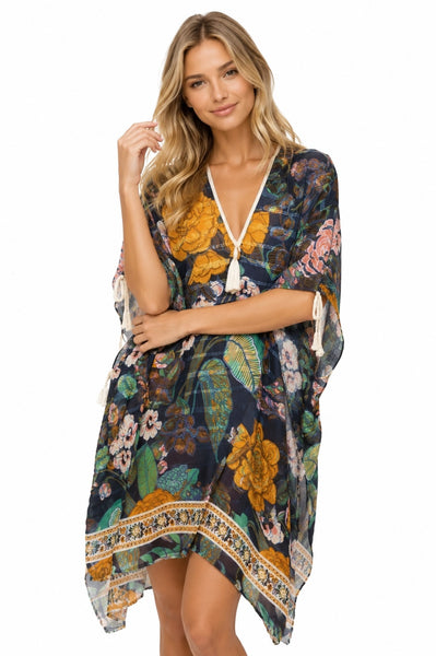 Open Shoulder Sundress Coverup in Enchanting Blooms Print in Navy