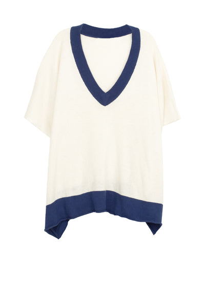 Oversized Border V-Neck Knit Poncho Sweater in Cotton Cashmere Blend Ivory Blue
