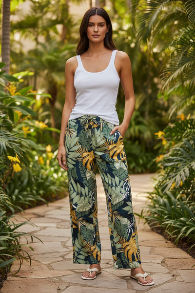 P13 Leafy Palm - Navy Bailey Beach Drawstring Elastic Pant in Tropical Prints