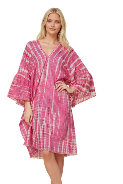 P2PBLKCL17-Pink-Tie Dye Ripple | Bell Kaftan Cotton Lurex Coverup Sundress 2