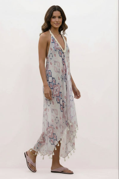 P2PHESMV10-Pink Fringe Halter Coverup Sundress in Cosmic Drama Sheer and Soft Print 4