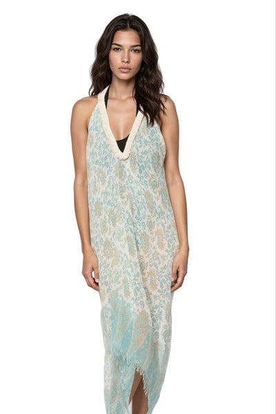 Pool to Party Sundress One Size / Mint / 100% Polyester Fringe Halter Coverup in Ivy Relic Print