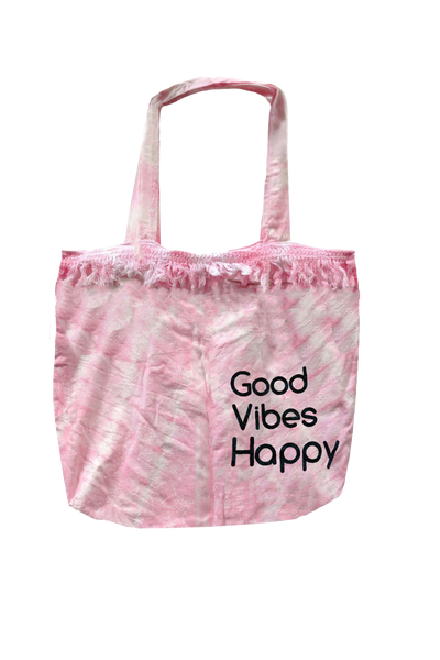 P2PMABTDP market Bag Fringe with sayings good vibes happy lt pink