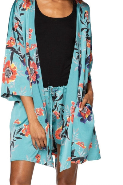P3 Summer Bloom Turq Florals Short Robe Bed to Brunch Coverup Robe Resort-wear,Pink Floral Print,subtle-luxury