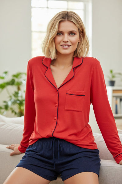 Pippa Pajama Rayon Knit Button Front Top by Loungerie red with navy