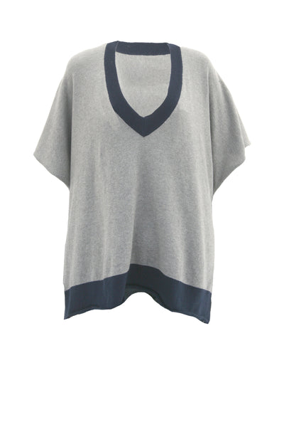 Oversized Border V-Neck Knit Poncho Sweater in Cotton Cashmere Blend