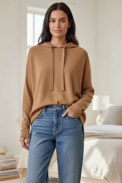 Quinn Oversized Hoodie Sweater in 100% Cashmere Knit tobacco color