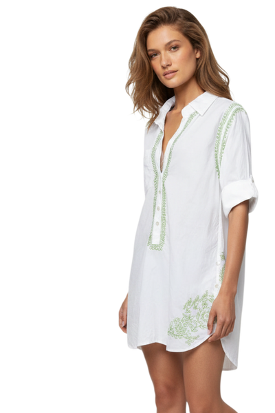 RGBCL Mint Green embroidery on White Cotton Long Boyfriend Shirt