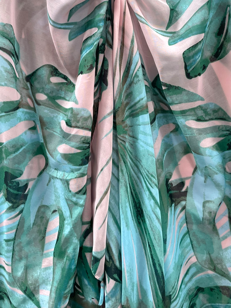 Long Beach Pink and Green Palm Tree Print with Fringe Kimono Wrap
