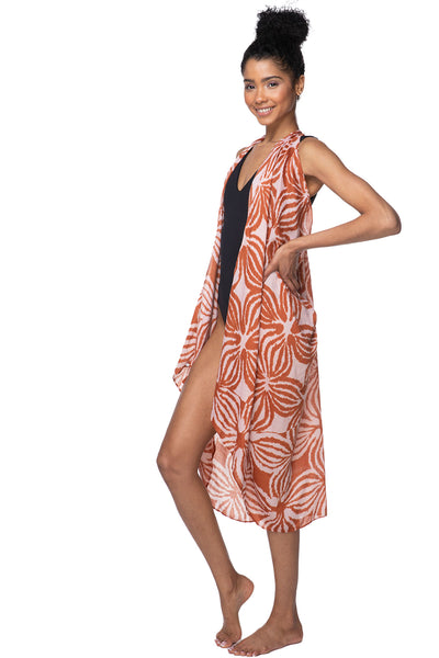 Free Spirit Multi-Wear Coverup Vest in Samoa Island Terracotta Color Print