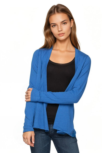 SLLTJCS-Mykonos Blue 2 Open Front Cardigan Sweater with Silk Chiffon with Lace Edge Detail