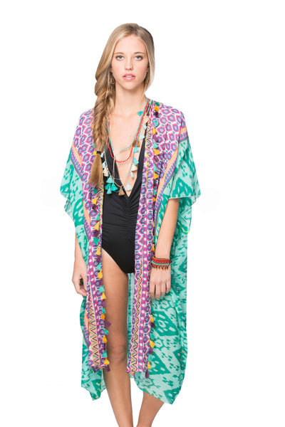 Folk Song Print Cotton Embroidery Kimono Coverup