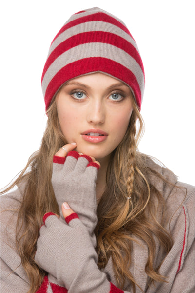 100% Cashmere Striped Beanie Reversible