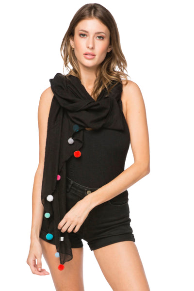 Rainbow Color Pom Pom Trimmed Black Sheer and Soft Sarong Scarf Wrap