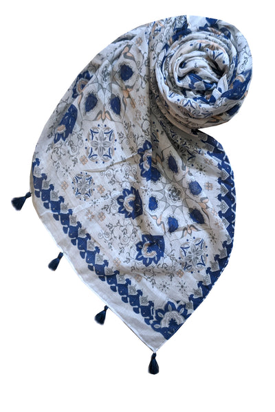 Braided Multi-Wear Cover-Up Sarong in Ancient Melodies Blue-on-White Print