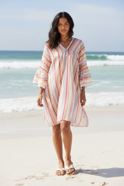 Sahara Stripe Sheer Print Bell Kaftan Coverup