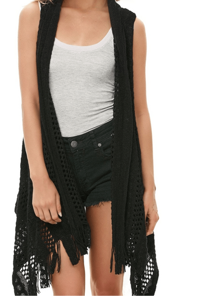 Stevie Sleeveless Novelty Sweater with Fringe Noir Black