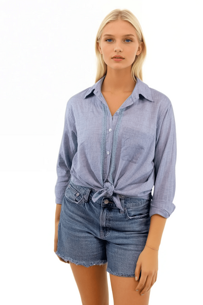 Subtle Luxury Shirts XS/S / Denim Blue Greenl / 100% Cotton Chambray Everyday Hand Stitched Button Front Shirt in Cotton Chambray with Blue and Green Stitch Colors