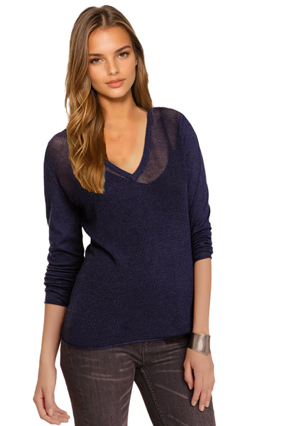 Subtle Luxury Sweater V-Neck Sweater | Open Knit Stitch Sheer Front | Tencil - Cashmere Blend Knit navy blue