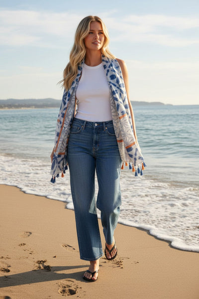 Surfrider Ocean Blue Print Batik Sheer and Soft Tassel Scarf Wrap 2