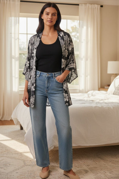 Swirl Floral Satin Black and White Print in Wrap Kimono Short Robe 2
