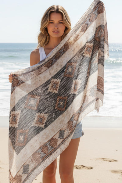 TFP33-Tan-Oregon-Trail-Print-Wrap-Scarf-Winter Print Scarf Wrap in Oregon Trail Natural Tan Navajo Print