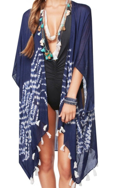 Pool to Party Tie Dye Navy and White Border Modal Kimono Coverup-kimono-one-size-indigo-100-modal-tie-dye-border-kimono-wrap-