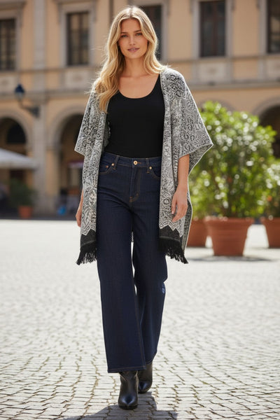 Winter Lace Hand Loomed Jacquard Blanket Winter Kimono grey blACK
