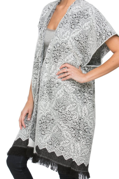 Winter Lace Hand Loomed Jacquard Blanket Winter Kimono grey white side