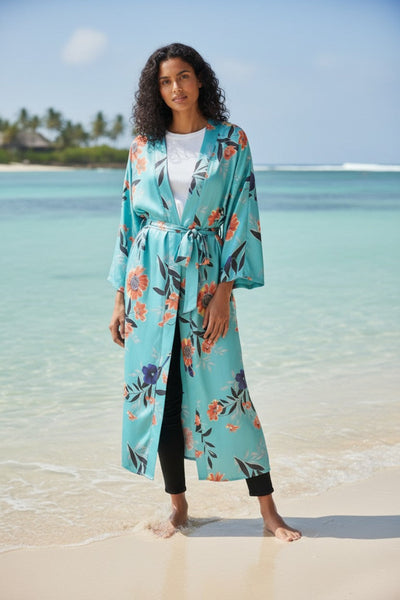 Wrap Robe Kimono Coverup in Summer Bloom Print Teal Blue 2