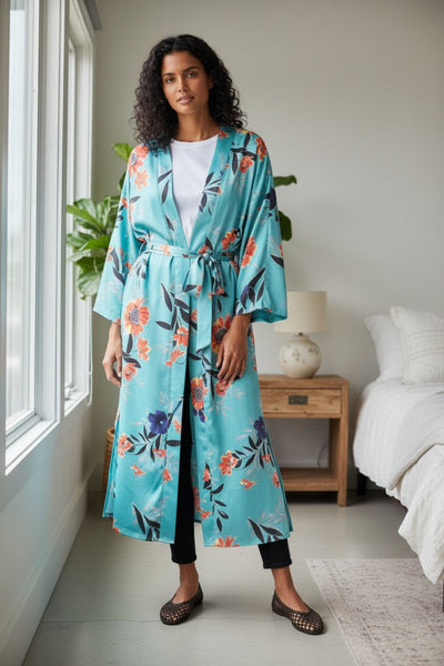 Wrap Robe Kimono Coverup in Summer Bloom Print Teal Blue