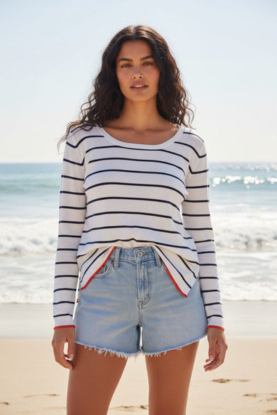 Zen Blend Luxury Favorite Scoop Crewneck Sweater tango blue and white stripe with red