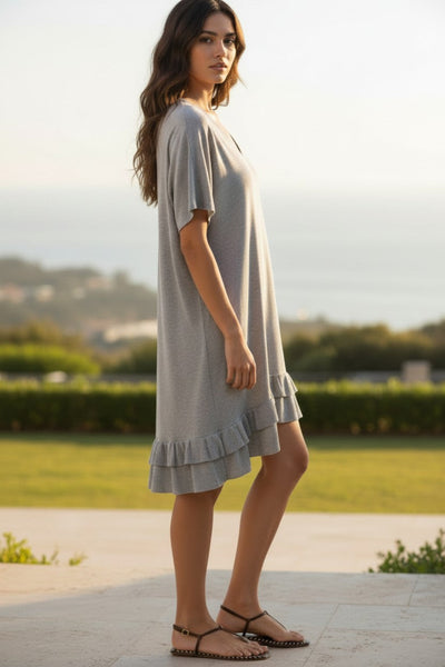 Zen Blend Sweater Knit V-Neck Short Ruffle Dress heather grey
