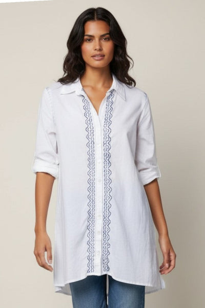 Ziggy Button Down Embroidery Shirt Dress in Washed Cotton 2 electric blue