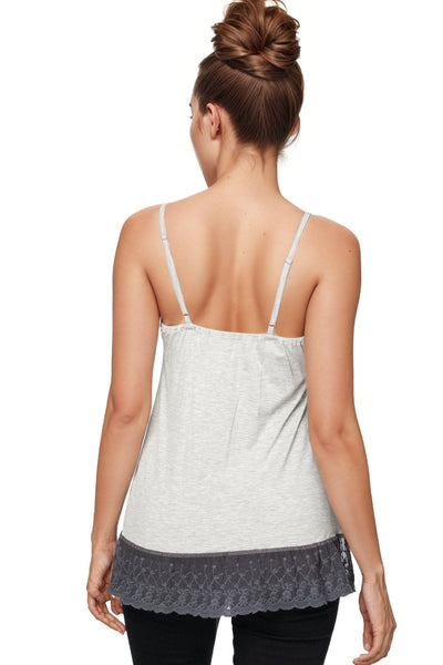 A La Slip Cami Slip Knit Cami with Embroidery Lace Hem in Ash