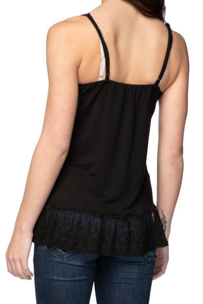 A La Slip Cami Slip Knit Cami with Embroidery Lace Hem in Black