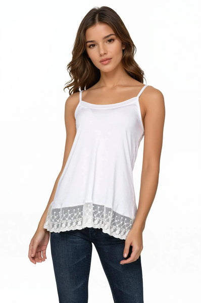A La Slip Cami Slip Knit Cami with Embroidery Lace Hem in White