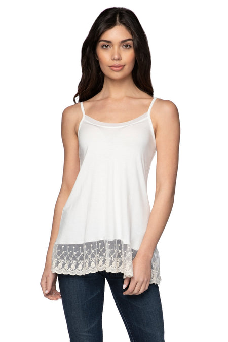 Knit Cami with Embroidery Lace Hem in White