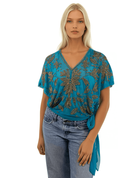 Almost Vintage Hand Beaded Mesh Side Tie Top - Subtle Luxury