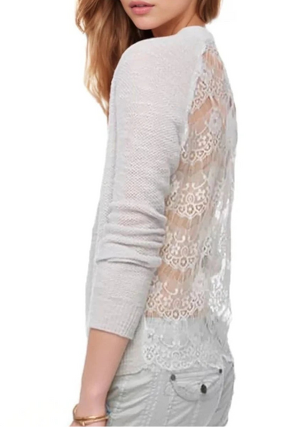 Almost Vintage Lace Back Crew Slub Cotton Knit Sweater - Subtle Luxury