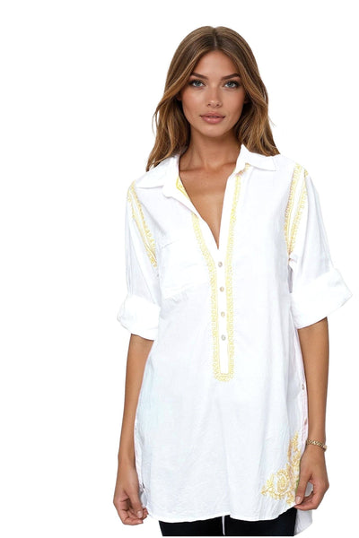 Boyfriend White Cotton Shirt with Hand Stitch Embroideries Sunshine Colors - Subtle Luxury