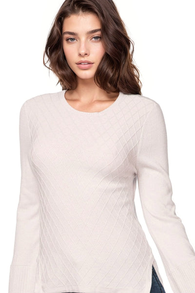 California Cashmere by Subtle Luxury Sweater Cara Textured V Neck / S/M / Blush Lime Cameron Bell Sleeve Novelty Stitch Cotton Cashmere Crewneck Sweater