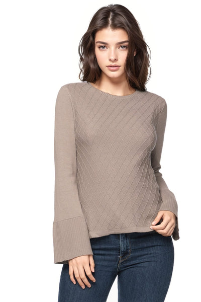California Cashmere by Subtle Luxury Sweater Cara Textured V Neck / S/M / Delta Tan Cameron Bell Sleeve Novelty Stitch Cotton Cashmere Crewneck Sweater