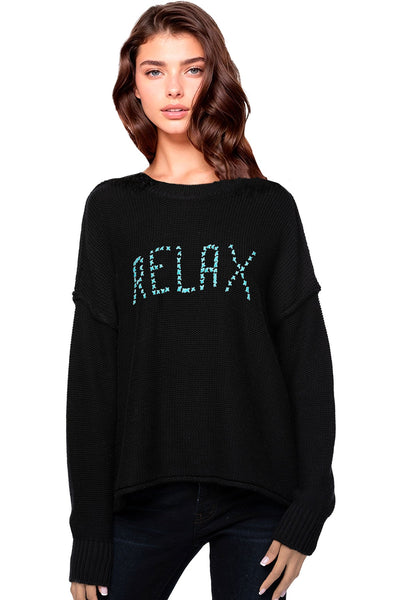 Chunky Cotton Blend Pullover - "RELAX" hand embroidery - Subtle Luxury