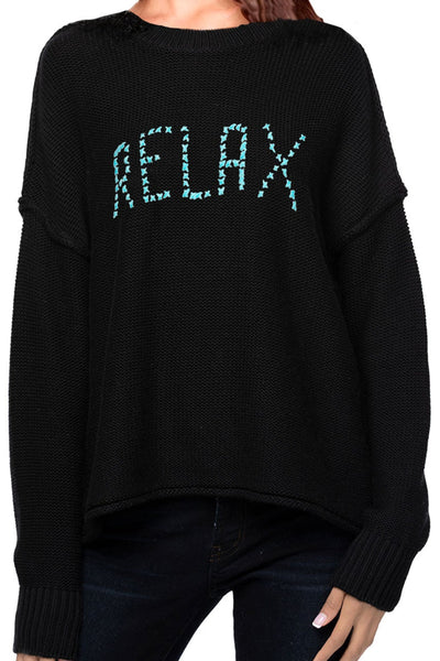 Chunky Cotton Blend Pullover - "RELAX" hand embroidery - Subtle Luxury
