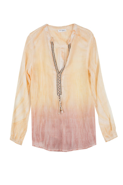 Crossover Beaded Henley Top - 100% Cotton Pigment Dye - Subtle Luxury