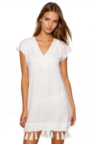 Fringe Tassel Embroidery Dress in Washed Cotton Chambray - Subtle Luxury